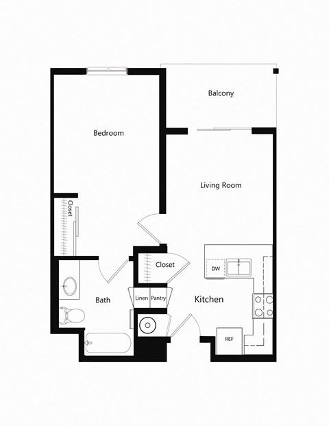 Floor plan for 1 bed, 1 bath, 567 sqft